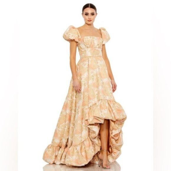 NWT MAC DUGGAL 68276 Floral Brocade Evening Gown Size 16 Puff Sleeve Peach Gold - Picture 2 of 11